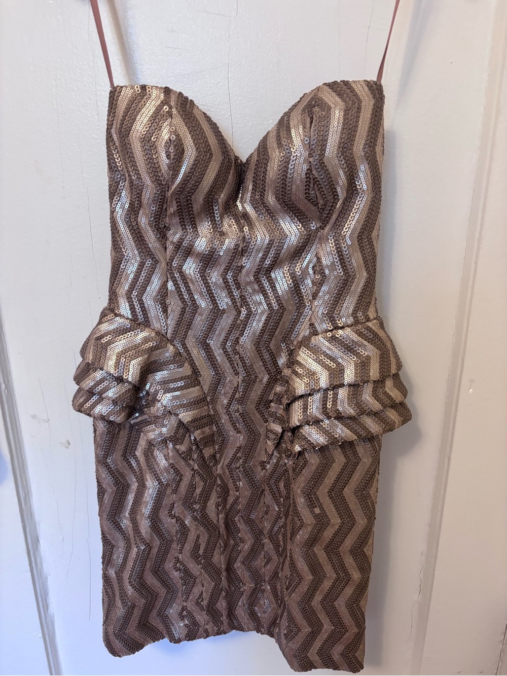 Abyss By Abby Brown and Gold Strapless Sequin Chevron Peplum Mini Dress